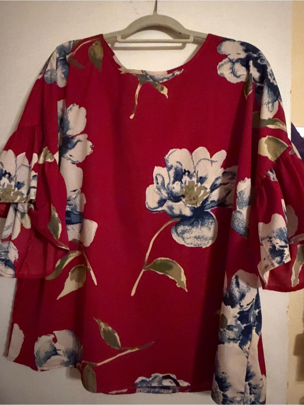 SHEIN Red Floral Ruffle Sleeve Tunic